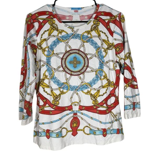 J Mclaughlin Chain Rope Print Shirt Womens Sz M Catalina Cloth Artsy Stretchy - Picture 1 of 7